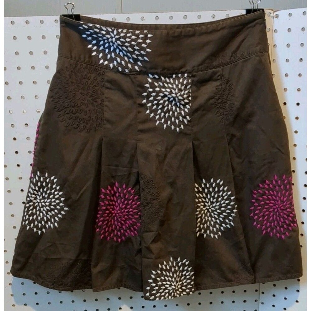 Ann Taylor Skirt Size 4 Brown Embroidered Floral Pink White Pleated